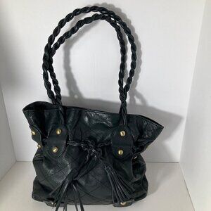 Womens Michael Rome Designs Black Leather Paper Bag Hobo Purse 12 x 14‎ x 4"